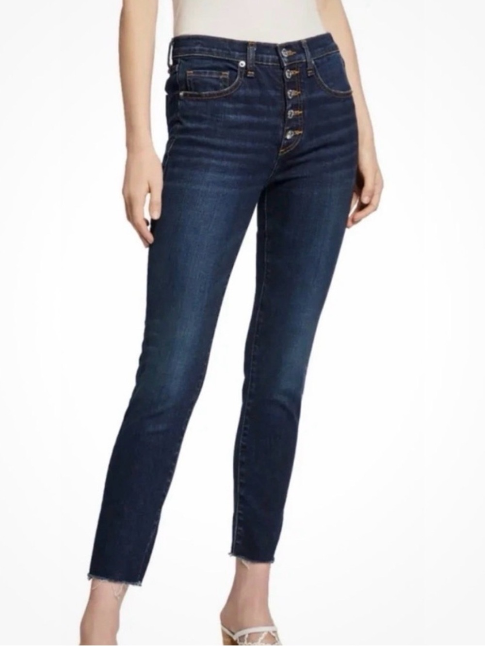 Veronica Beard Debbie 10” Fray Dark Vintage Skinny Jeans High Waisted Button Fly